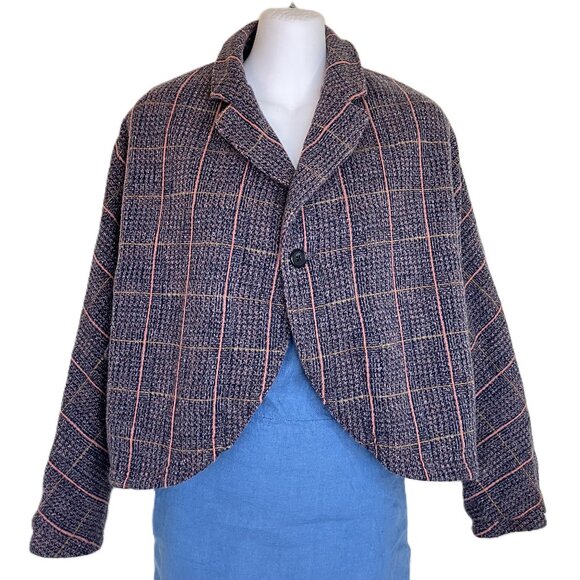 Kapital Tweed Knit Dolman Blazer Jacket Navy Blue & Peach Stripe Single Button - Picture 2 of 11